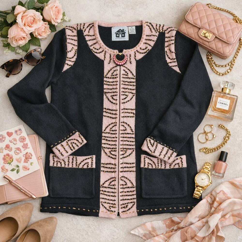 Storybook Knits‎ Vintage Beaded Art Cardigan Jacket XS Cottagecore Boho Artwear